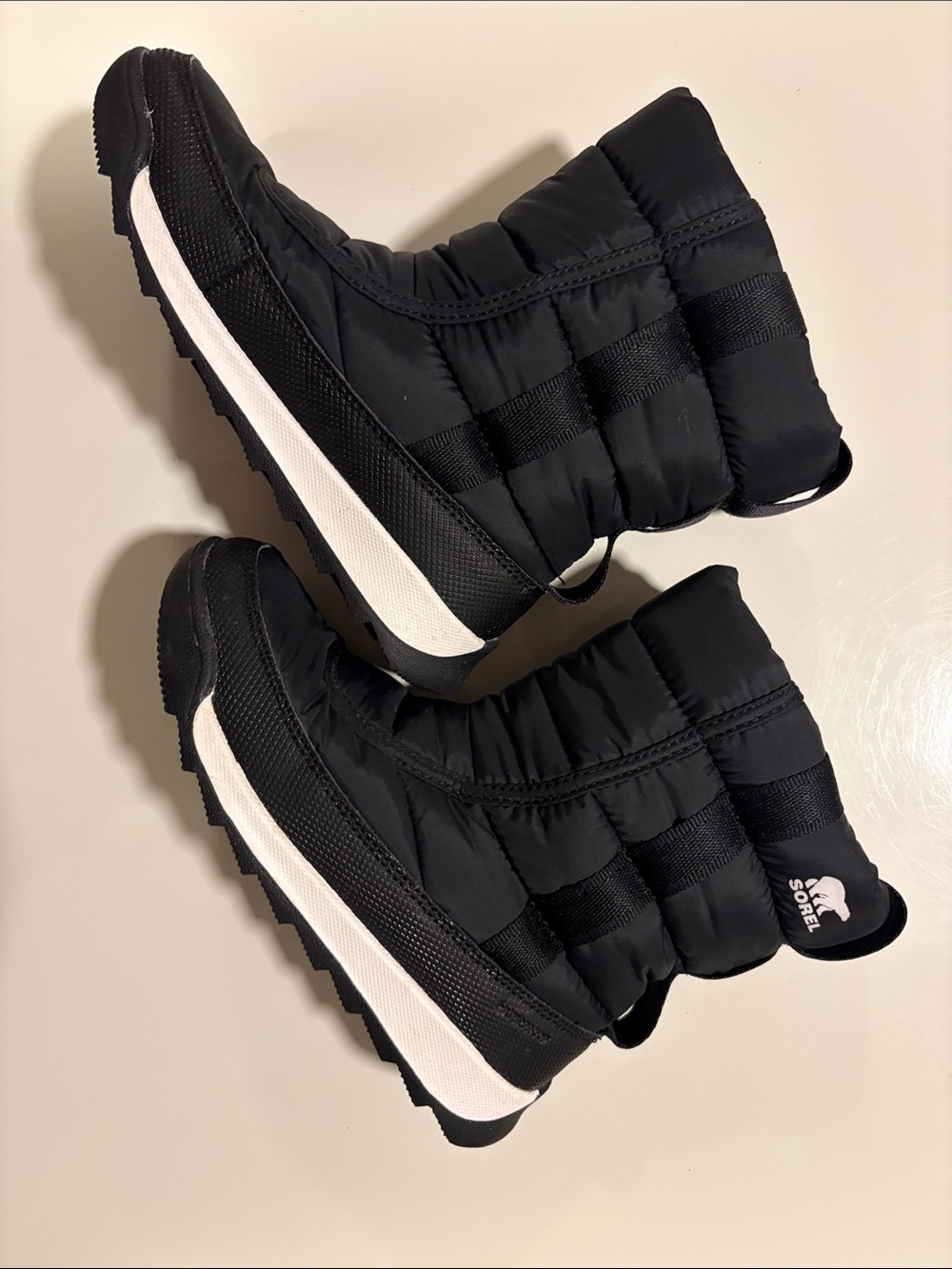 Sorel Black Quilted Women's Winter Pull-On Boots with White Midsole Accent